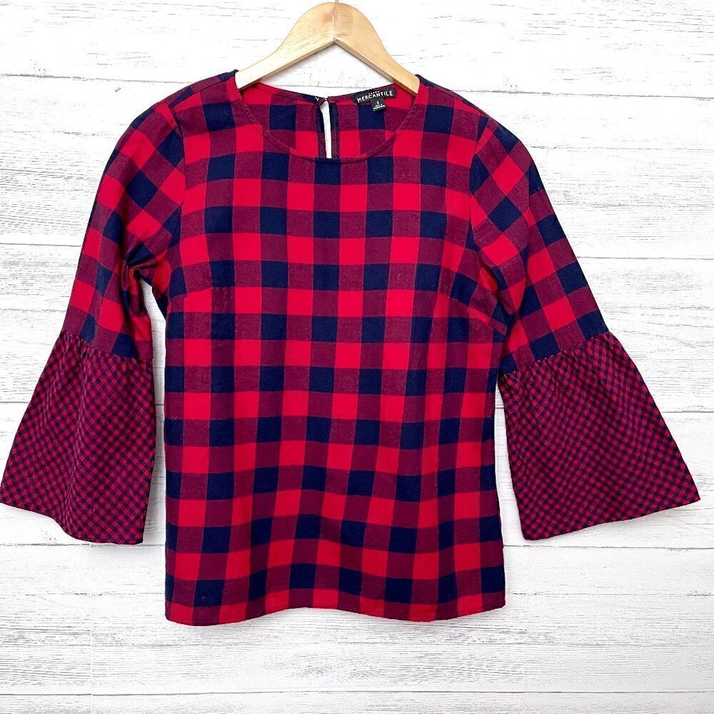 J. Crew Mercantile Women's Top Red & Navy Blue Plaid Flannel Bell Sleeves size 2